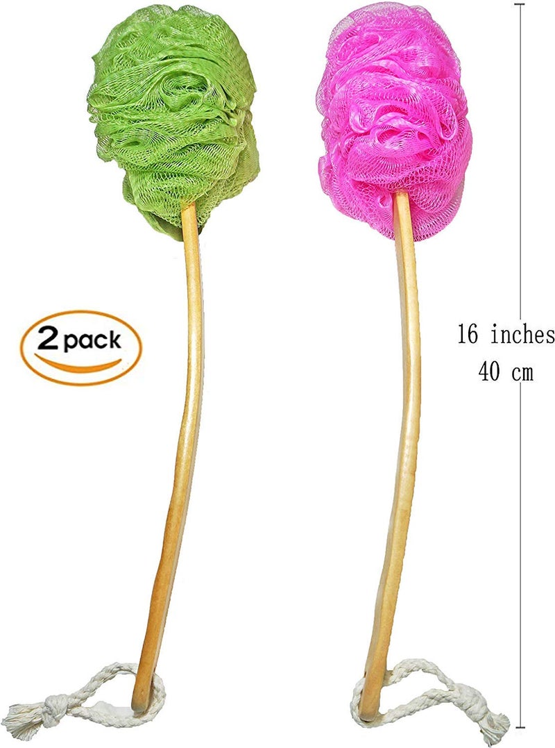 JINS-Hung Shower Loofah Body & Back Scrubber - Exfoliating Loofah luffa loofa Bath Brush On a Stick - with Long Wooden Handle Back Brush for Men & Women - Easy Reach Body Wash & Lotion Applicator 2-Pack - Image 2